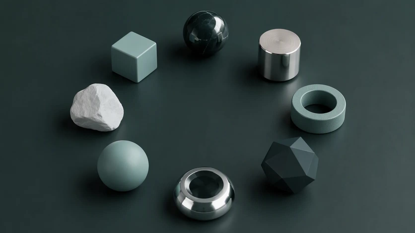 Abstract eight-part composition of interlocking textured forms surrounding a calm central void, conveying balanced commercial risk review.