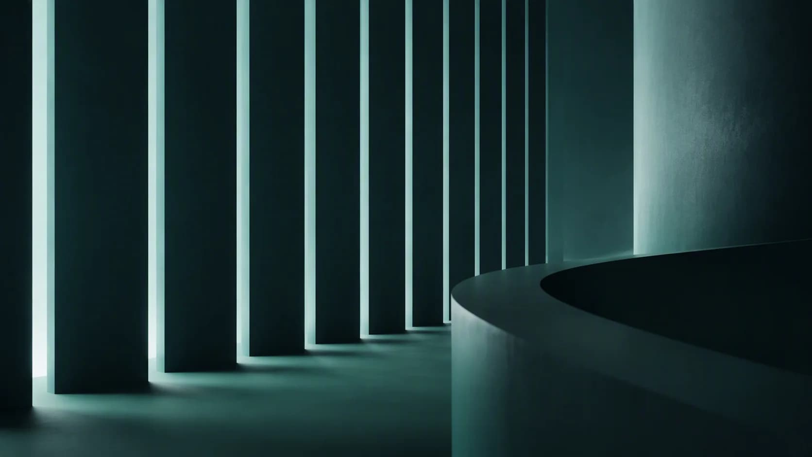A luminous pathway of precise geometric forms emerging from dense shadows into clear ordered space, entirely abstract.