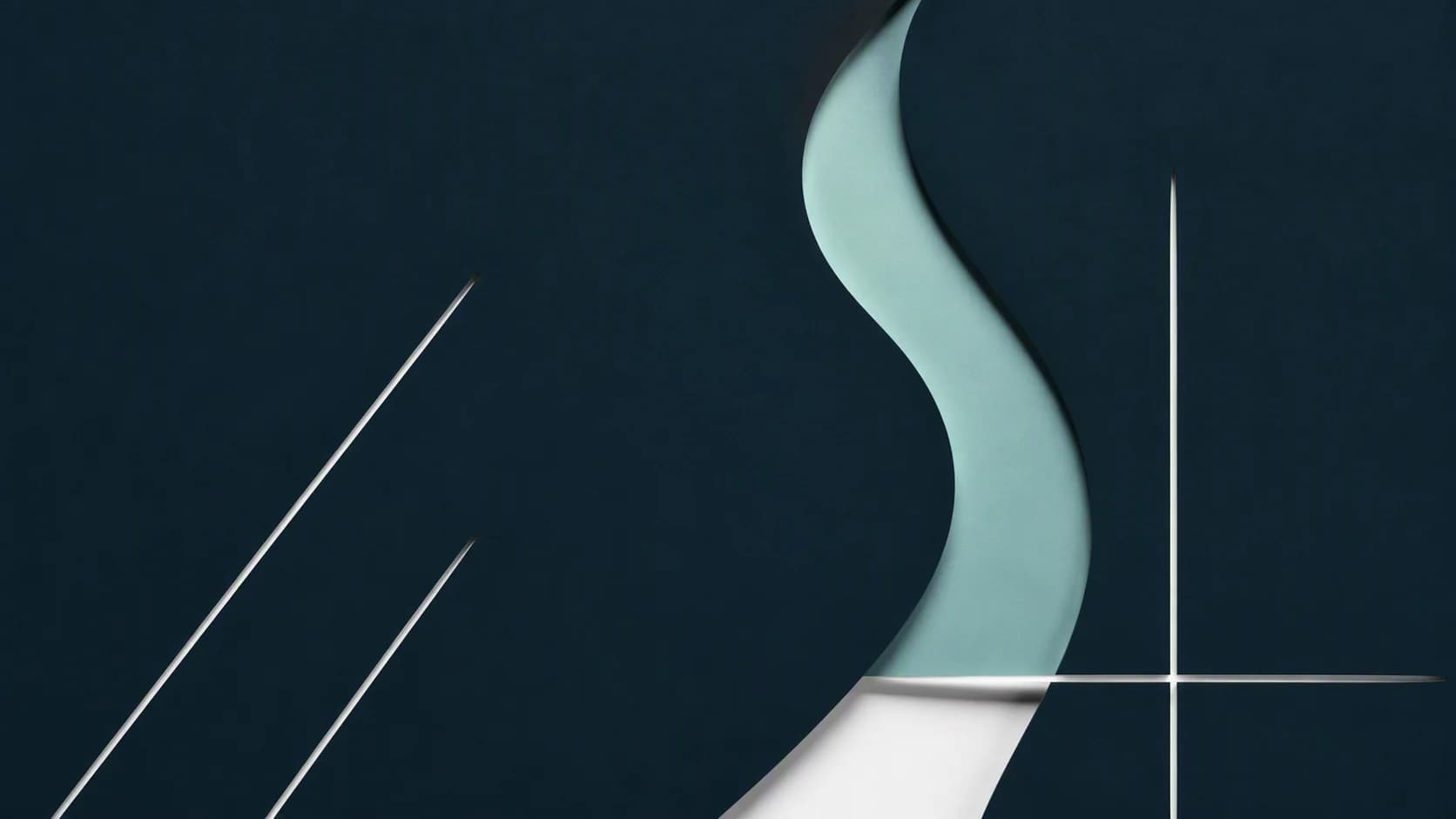 Minimal abstract curved and linear elements forming carefully spaced boundaries across a deep navy canvas, no readable marks.