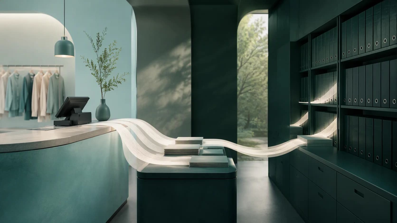 A muted-teal retail counter and flowing receipt-like light paths in a deep-green interior, showing a controlled transaction record without text.