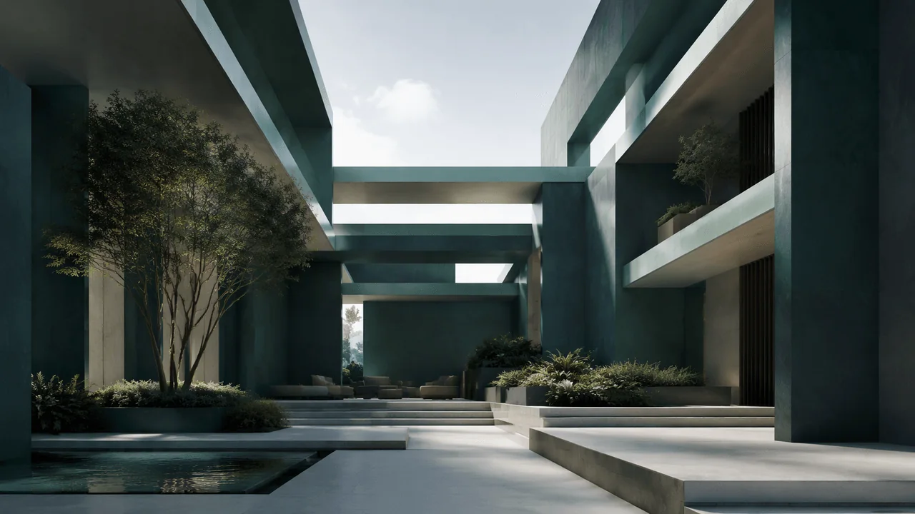 Abstract architectural blocks forming an open courtyard, representing the structured elements of a Kenyan plaint.