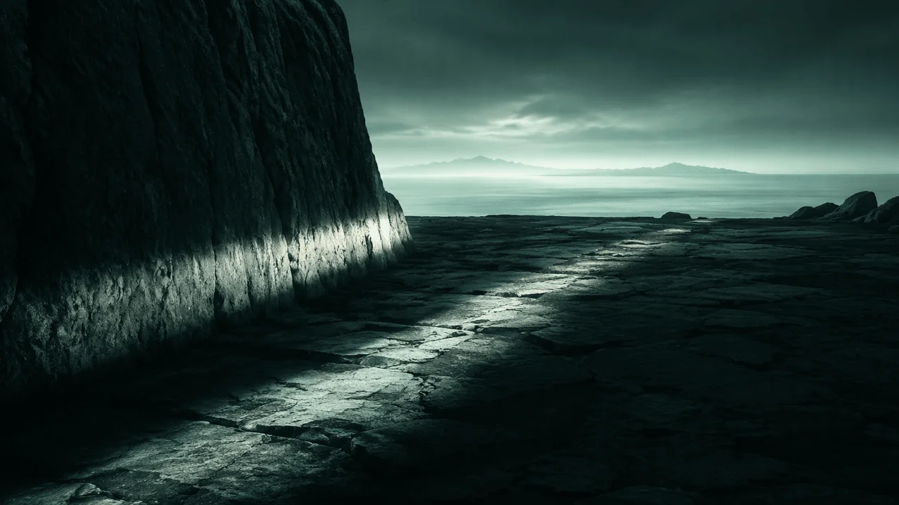 A focused pale beam crossing dark stone toward a teal horizon, representing clear legal submissions.