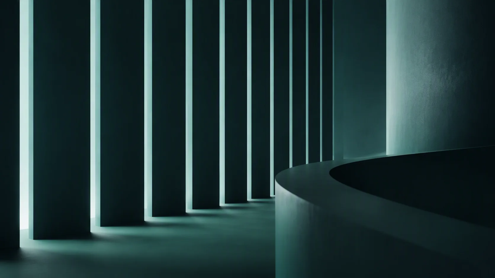 A luminous pathway of precise geometric forms emerging from dense shadows into clear ordered space, entirely abstract.