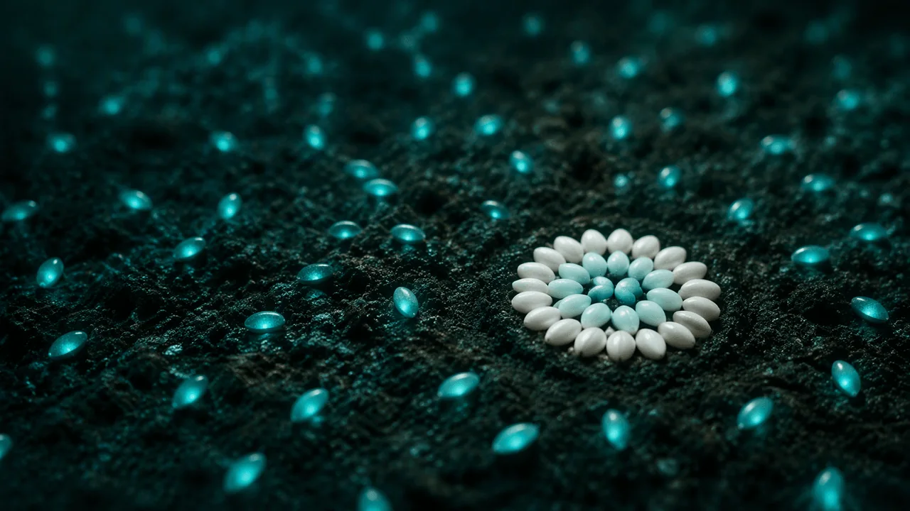 A measured teal cluster of seeds on dark earth, representing careful statistical inference.