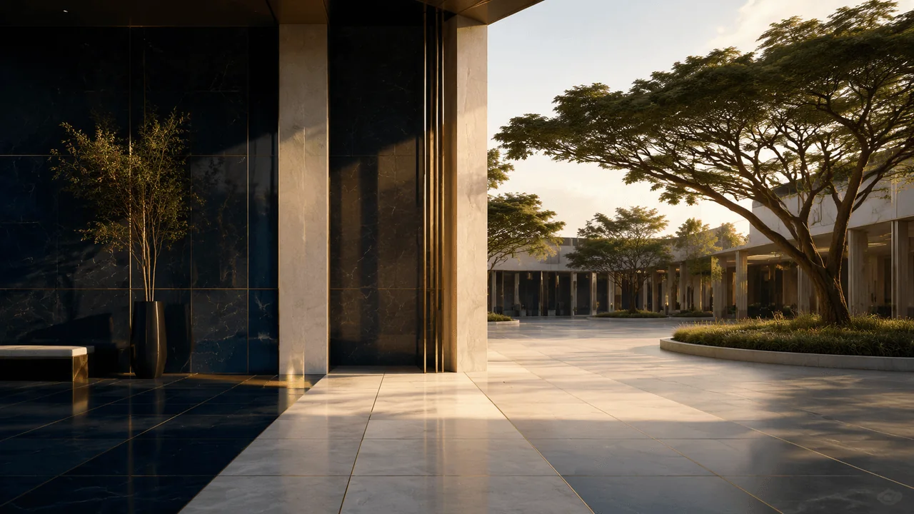 A pathway crosses from a corporate interior into a public civic square under the light of judicial scrutiny.