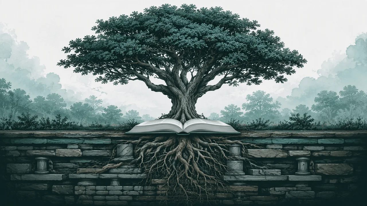 A GNLegal editorial illustration of a tree growing from an open legal book, with roots extending into civic and institutional foundations.