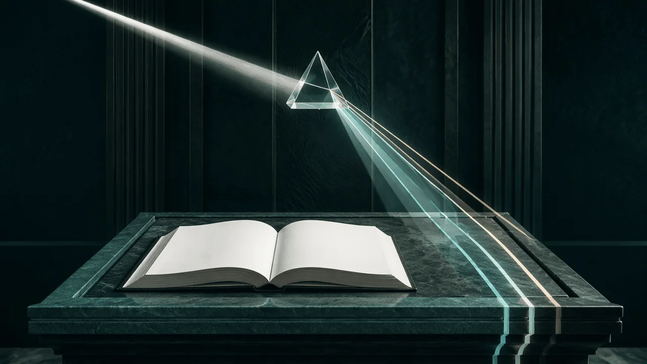 A GNLegal editorial illustration of a beam of light passing through a prism above an open constitutional volume, representing disciplined constitutional interpretation.