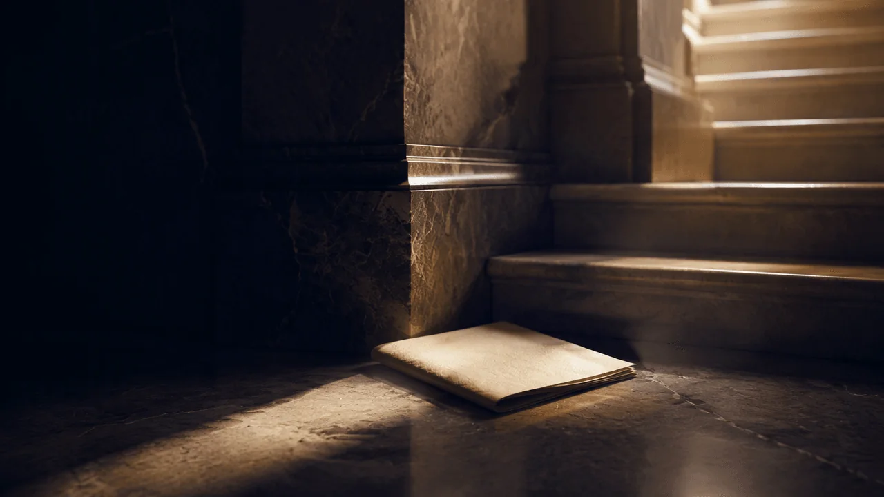 A legal document under a magnifying lens is separated from a staircase into a courtroom, illustrating review of process versus rehearing on appeal.