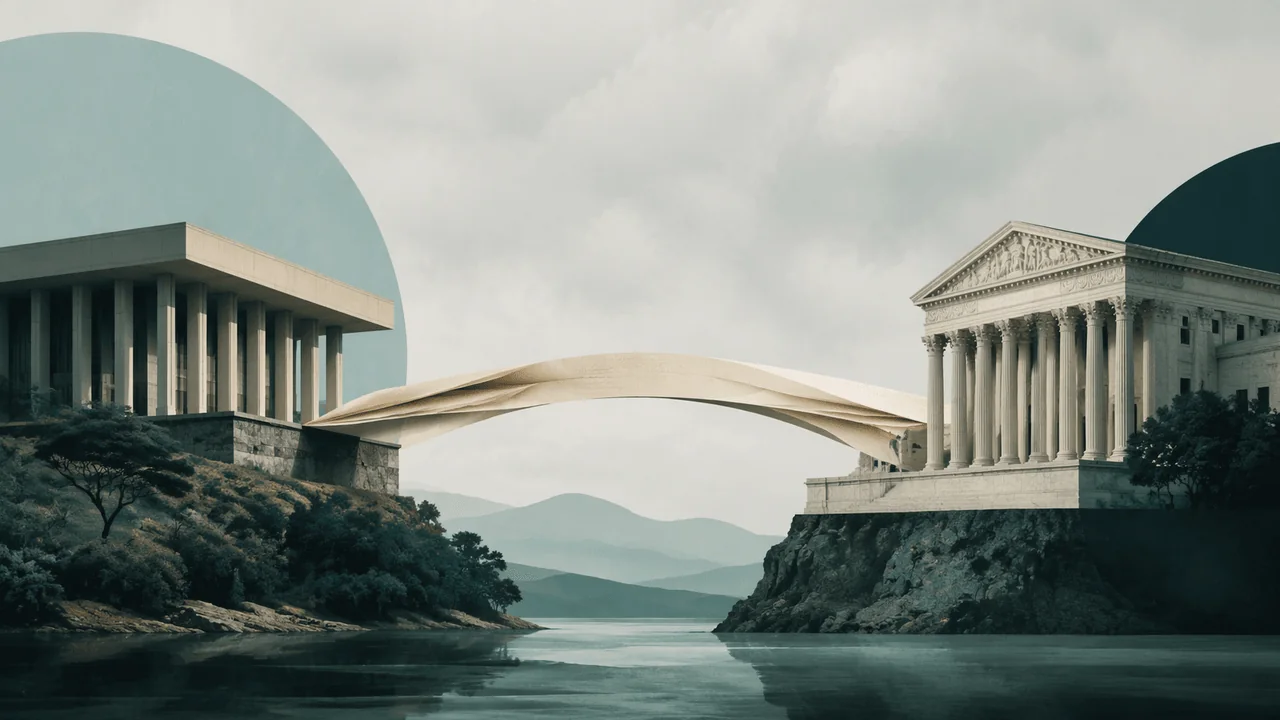A GNLegal editorial illustration of two court traditions connected by an archival-paper bridge, representing comparative constitutional interpretation.
