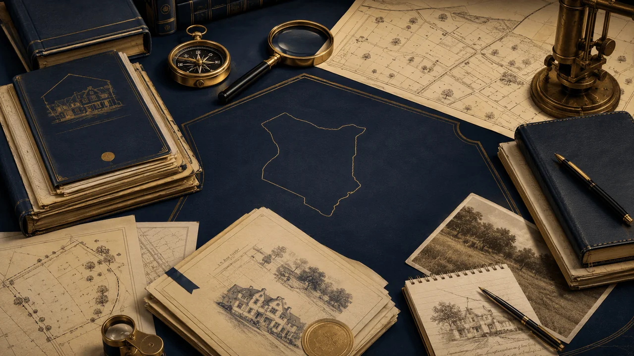 A property due-diligence desk with a title record, registry search, survey plan, clearance papers and site-inspection notes.