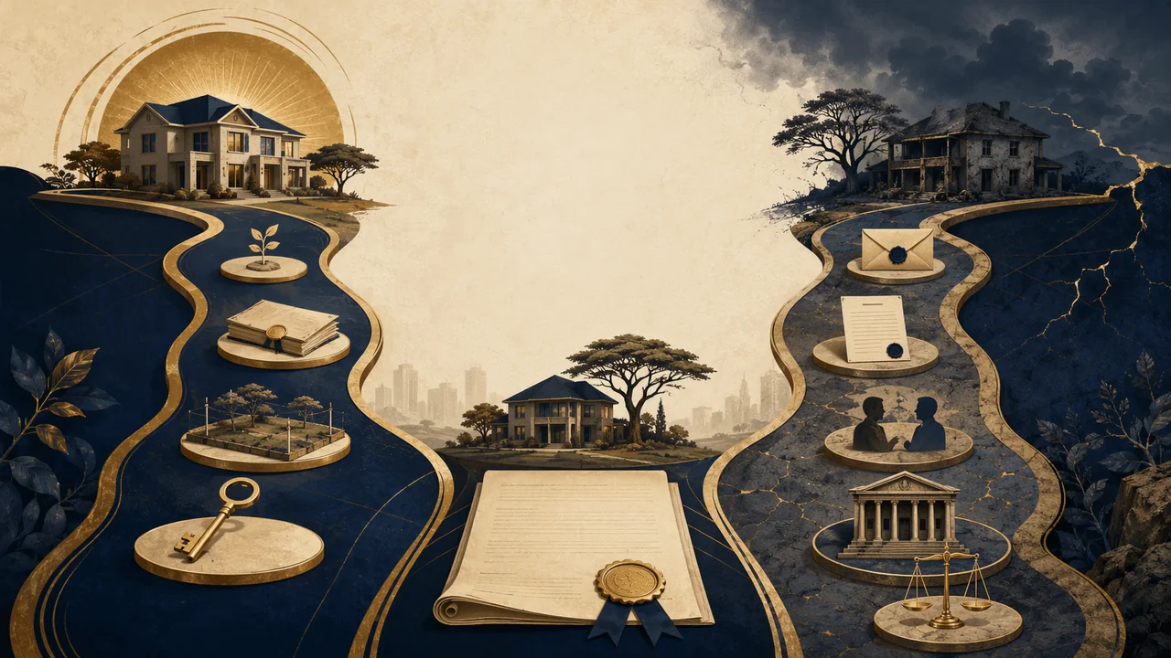 A property transaction dividing into completion and breach-notice-rescission paths.