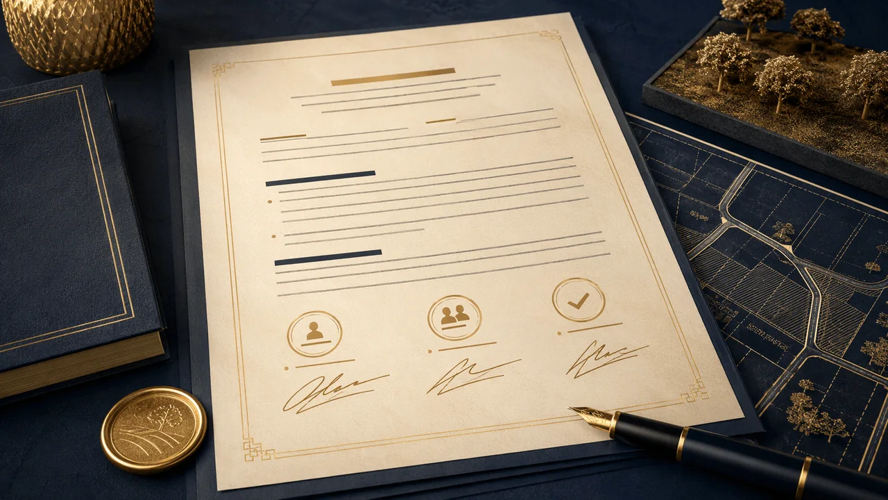 A professionally prepared property sale agreement with signature, witness and completion markers.