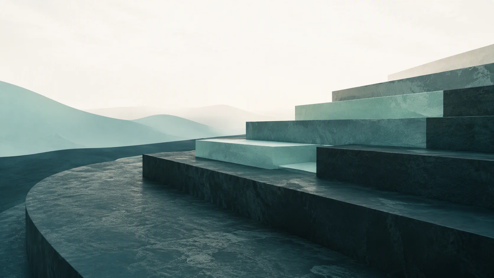 A refined abstract arrangement of ascending deep-green and teal terraces against a soft off-white horizon.