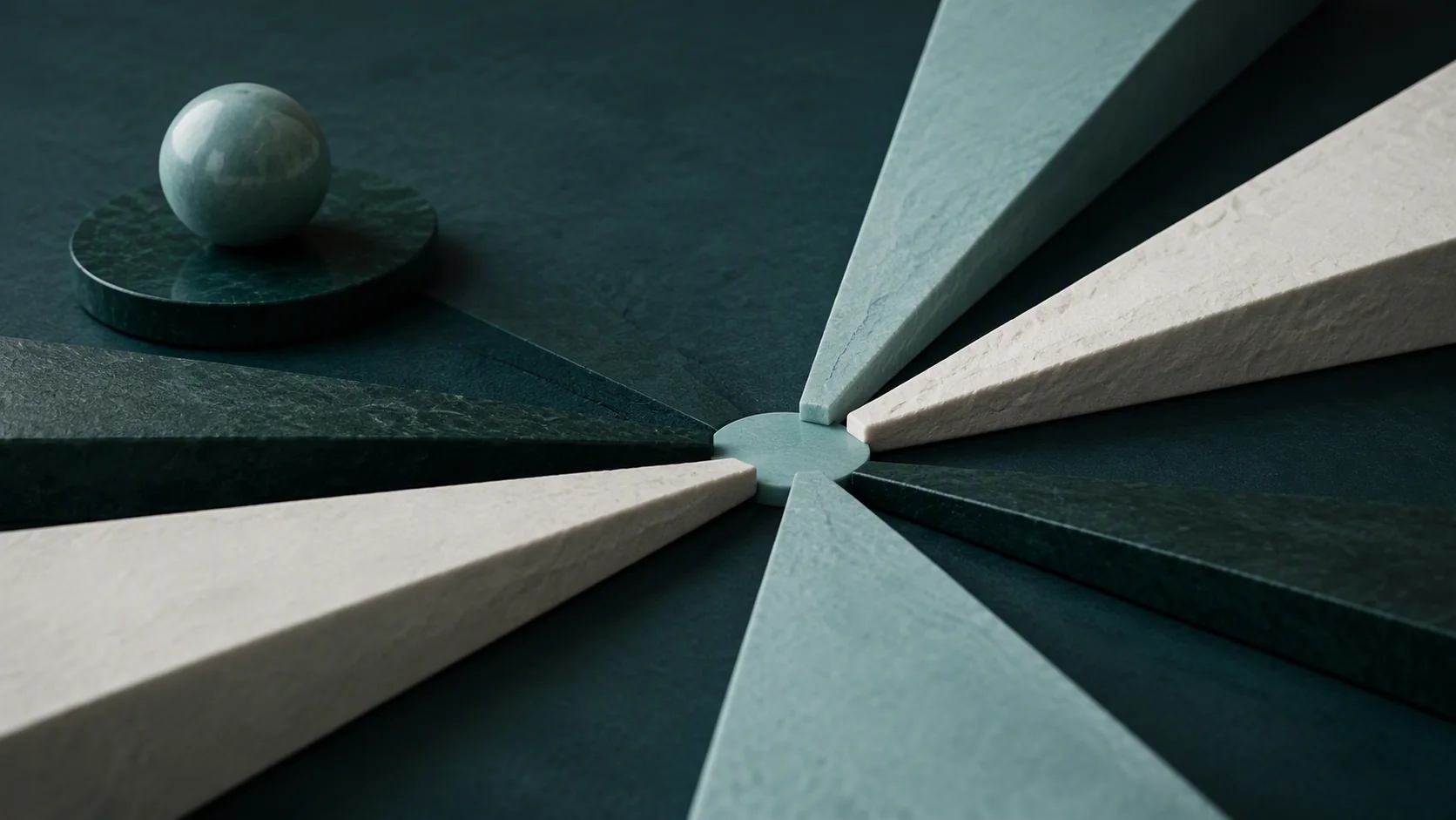 An abstract sequence of precise teal and off-white stone forms converging at a single point on a deep-green surface.