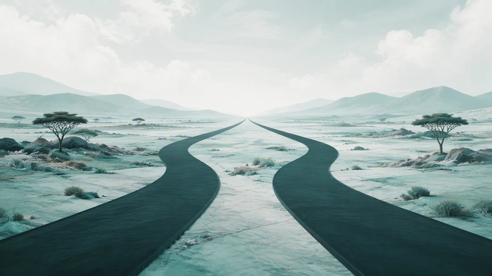 Two abstract deep-green pathways curve through a calm pale landscape before converging at a distant horizon.