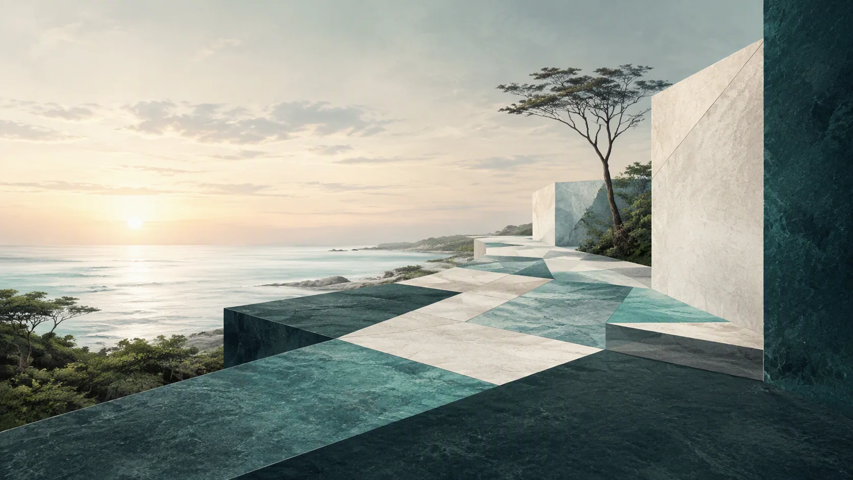 An abstract deep-green architectural walkway of interlocking stone planes leading steadily through a quiet Kenyan landscape.